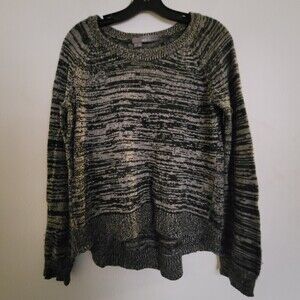 360 Cashmere Wool Striped Gray Black Long Sleeve Hi Lo Hem Sweater Size Medium